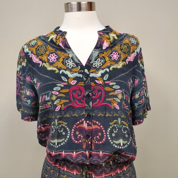 Hermant & Nandita Embroidered Button down Maxi Dress 100% Silk Sz Large Boho - Picture 2 of 13